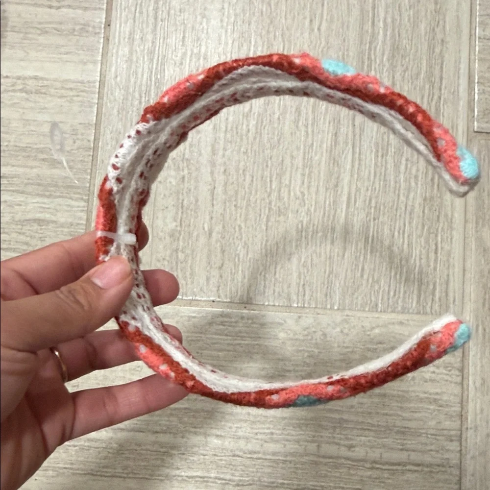 Coral and White NEW Woven Headband with Aqua Accents